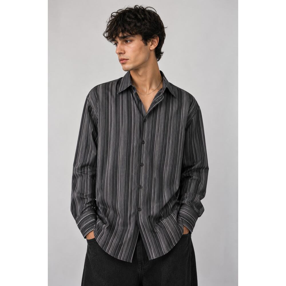 Claiborne Black Gray Pinstripe Button Up Shirt XL - Picture 1 of 6